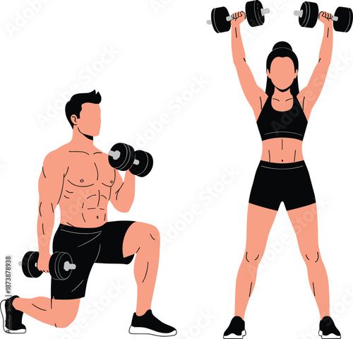 Dumbbell workout illustration, fitness, strength training, lunge, overhead press, exercise, active, gym, motion, pose, energy, athletic, vector, health, silhouette