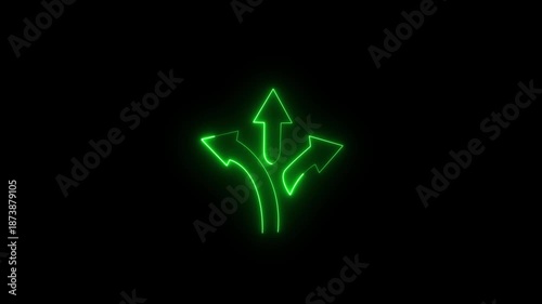 Glowing green neon arrow splitting into three diverging paths animation on a black background, decision, choice, direction, opportunity, or strategy