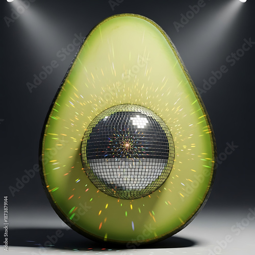 A vibrant, surreal image of a halved avocado with a sparkling disco ball as its pit, illuminated by spotlights and casting colorful reflections.