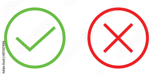Green tick and Red cross icons on white background. Approval and wrong sing on white page. Positive and negative checkmark icons set . EPS 10. 