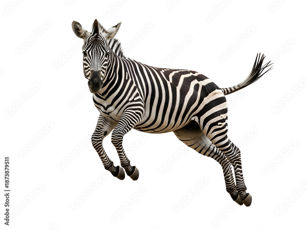 Fototapeta premium Powerful Black and White Striped Zebra Leaping Mid-Air, captured in an energetic pose, isolated on transparent background for dynamic design.