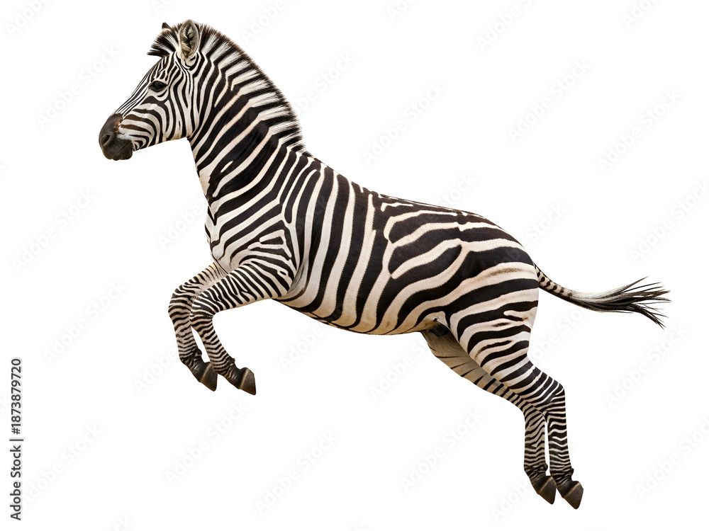 Fototapeta premium Powerful Black and White Striped Zebra Leaping Mid-Air, captured in an energetic pose, isolated on transparent background for dynamic design.