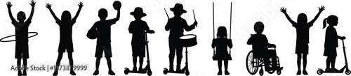 Silhouette vector illustration of diverse children playing with hula hoop, scooter, ball, drum, swing, and wheelchair, promoting inclusive recreational activities