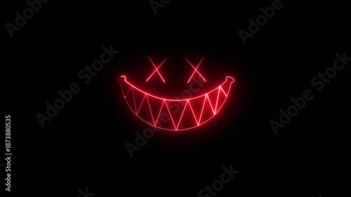 Red neon glow smile animation with sharp teeth and X eyes on a dark background, halloween, horror, creepy, gamer streaming, or dark entertainment