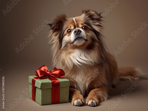 Dog sitting next to gift box