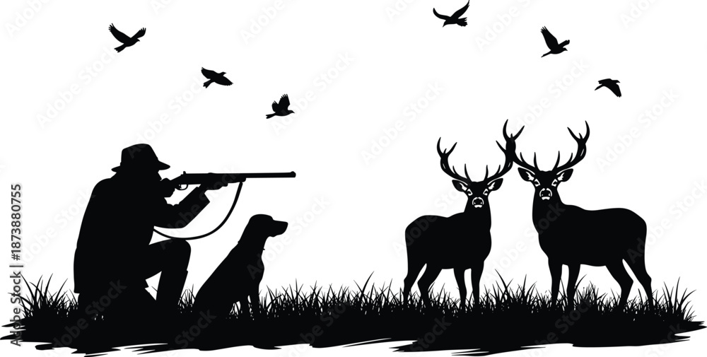 Fototapeta premium Hunter silhouette aiming rifle with dog facing deer wildlife scene isolated on white background flat vector illustration concept
