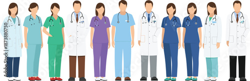 Vector illustration of diverse medical team including doctors and nurses in various uniforms, standing together to represent healthcare collaboration and professional unity