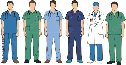 Vector illustration of six diverse medical professionals in colorful scrubs and lab coat with stethoscopes, standing together to represent healthcare teamwork and unity