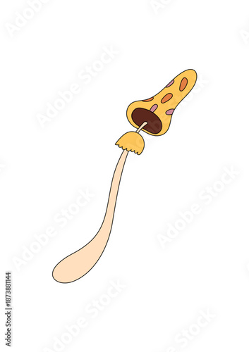 Groovy y2k magic mushroom with a funky cartoon shroom shape stands out as a colorful psychedelic sticker. Groovy element and retro influence give fun vintage character for playful decoration.