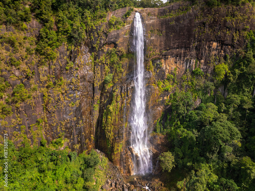 Aerial view of Diyaluma Waterfall Flowing Down a Steep Rock Face, Sri Lanka