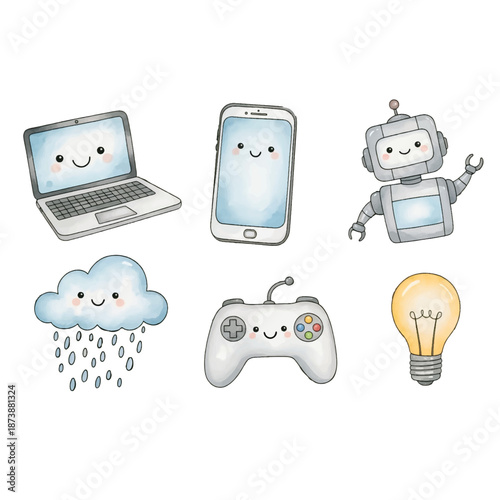 A cute set of funny cartoon vector icons showing technology, business, and digital symbols on phones and tablets in a playful style