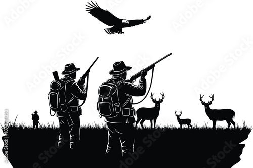 Hunters silhouette aiming rifles at deer herd with eagle flying above, dramatic wildlife hunting scene illustration isolated on white background