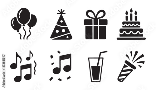 Holiday party icons including balloons festive hat gift tiered birthday cake music notes drink and confetti popper