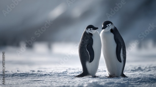two penguins standing on the snow