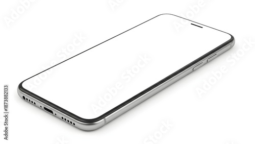 Foto Silver smartphone lying at an angled view on a clean white background with a bla