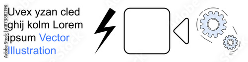 Innovation, energy, mechanics, video production, digital technology, and design concept. Lightning bolt, square camera icon and gear illustrations. Energy and mechanics