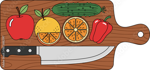 Kitchen cutting board with knife and fresh fruits vegetables, apple citrus cucumber and bell pepper, colorful food preparation illustration isolated on white background