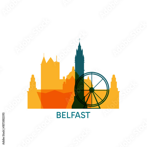 Belfast logo, clip art with cityscape, skyline, panorama, skyscrapers. Vector flat isolated illustration. Northern Ireland UK city image with landmarks and buildings