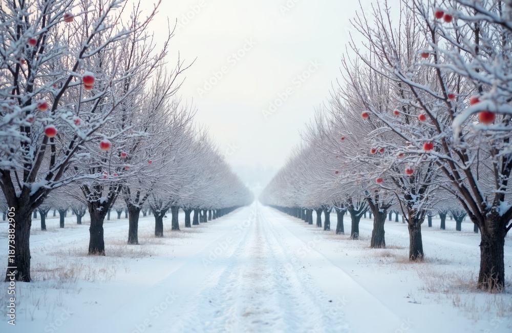 Naklejka premium Orchard covered in snow features rows of bare trees with red apples. Winter scene with path between apple trees. Season cold snowy landscape with fruit on branches.