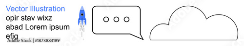 Communication, innovation, data storage, cloud technology, exploration, creativity. A rocket launching alongside a speech bubble and a cloud outline. Communication and innovation with striking