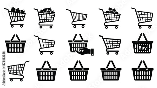 Collection of shopping carts and baskets in a striking black silhouette