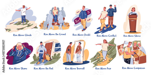 Set of rise above themed scenes, showing people overcoming doubt and pressure, rising beyond fear and rising beyond limits in simple cartoon style, vector illustration.