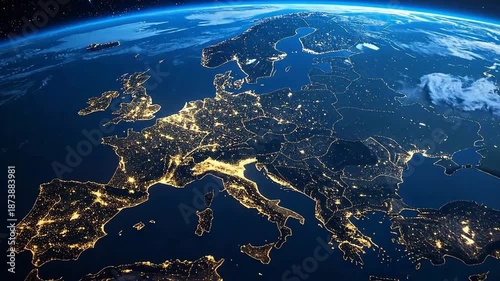 Detailed view of Europe from space, showcasing city lights at night.