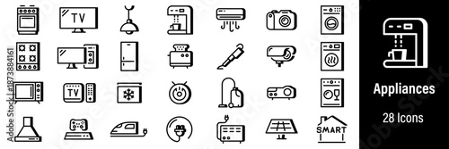Home Appliances Web Icons. Coffee Machine, Washing Machine, Vacuum Cleaner, PC, Smart Home. Vector in Line Style Icons    