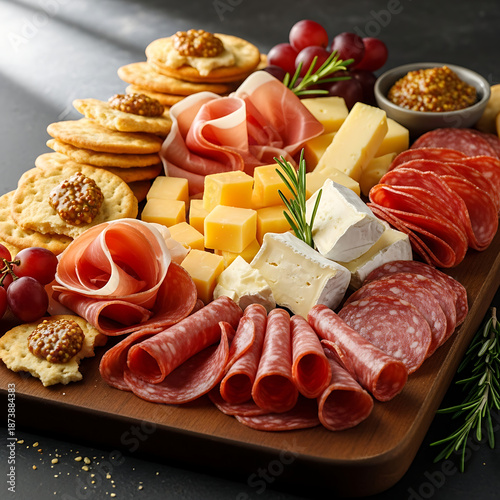 A beautifully arranged charcuterie board featuring an assortment of cheeses, cured meats, crackers, fresh grapes, and a small bowl of mustard, perfect for entertaining.