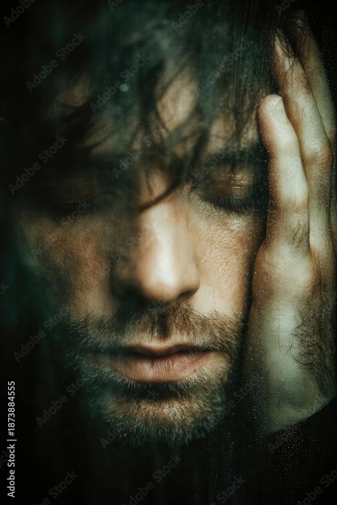 Obraz premium Close-up of a man with his eyes closed, hand against his temple, looking tired and distressed. Concept Close-up portrait of a distressed man, Hand on temple, Eyes closed with fatigue