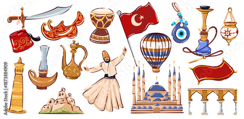 Turkish culture flat vector set with mosque, flag, fez, dancer, sword, carpet, hookah, lamp, pottery, balloon, and nazar amulet. Simple cartoon illustration for travel, culture, and design projects.