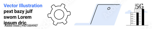 Technology, innovation, communication, future networks, data transfer, wireless connectivity. Gear icon, laptop outline and 5G tower. Technology and innovation-driven network visualization