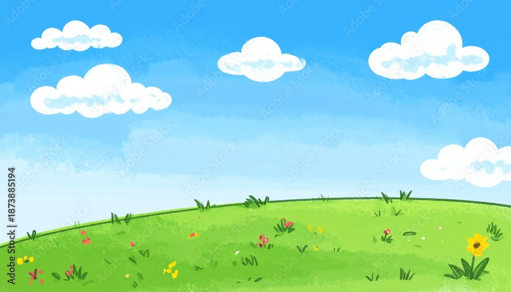 Fototapeta premium のどかな自然の風景イラスト（青空の背景、壁紙）