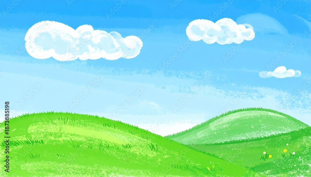 Obraz premium のどかな自然の風景イラスト（青空の背景、壁紙）