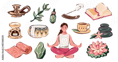 Wellness self care set with aromatherapy, candles, yoga, spa accessories, massage tools, cozy items and relaxing elements in soft cartoon doodle style, vector illustration.