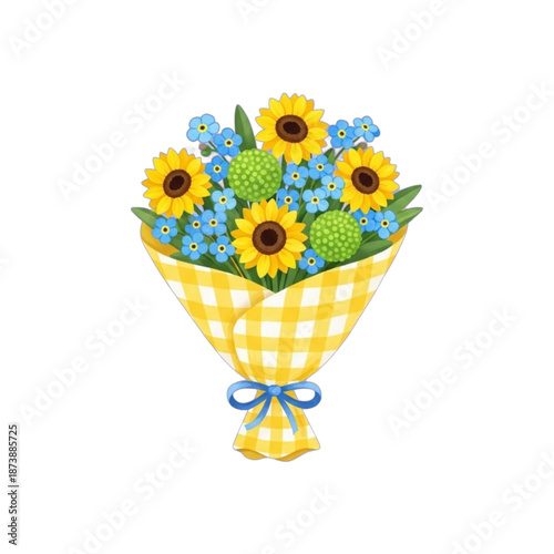A cheerful bouquet of sunflowers and forgetmenots tied with a yellow gingham ribbon.