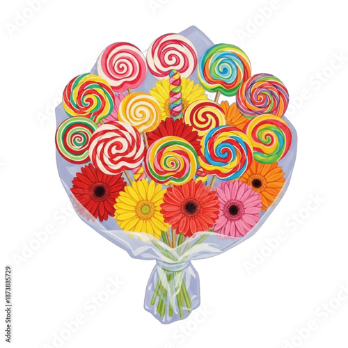 A vibrant bouquet of colorful lollipops and gerbera daisies 1.
