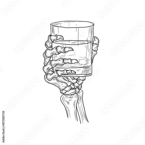 Skeleton's hand holding a glass of drink, black and white sketch. Vector illustration. Dead man's bony fingers are isolated on a white background. Suitable for various occasions, textile printing.