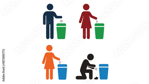 Colorful icons of people throwing away trash in recycling bins