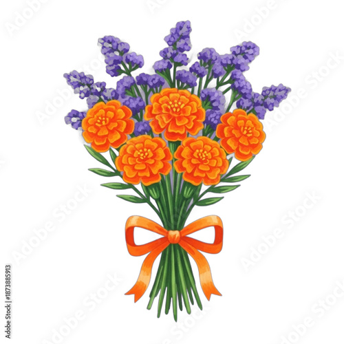Bouquet of orange marigolds and purple lavender tied with an orange ribbon.
