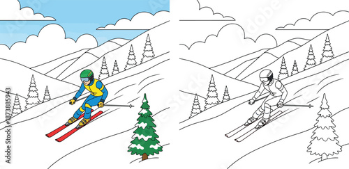 Coloring book page for kids: Cartoon skier skiing downhill in winter mountains. Vector illustration showing colored version and black and white outline for coloring activity.