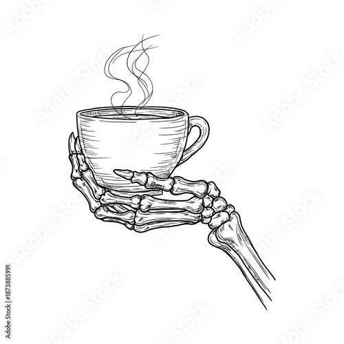 A skeleton's hand holding cup of tea, sketch. Vector illustration. A dead man's bony fingers hold mug of coffee, isolated on white background. Suitable for various occasions, for printing on textil