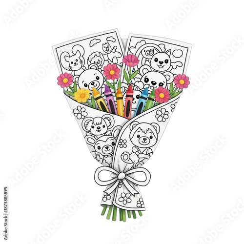 Cute Coloring Book Bouquet with Crayons and Flowers.