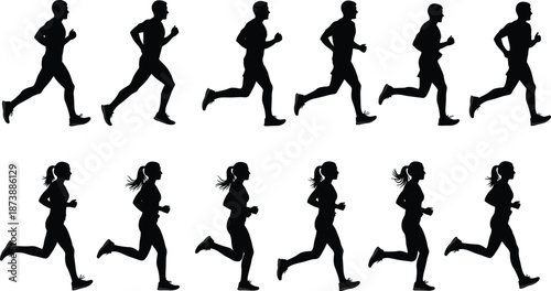 Running silhouette set of male and female joggers showing fitness training motion poses isolated on white background illustration collection