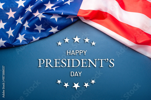 President's day. Blue background with American flag. Website banner and greeting card design template.