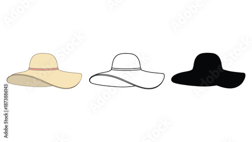Three different colored sun hats on a white background