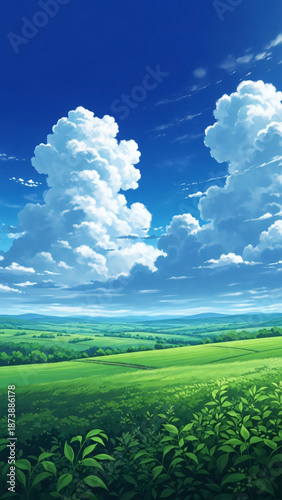 Japanese rural landscape illustration in cartoon style.