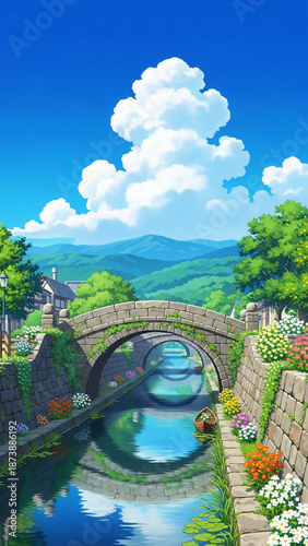 Japanese rural landscape illustration in cartoon style.