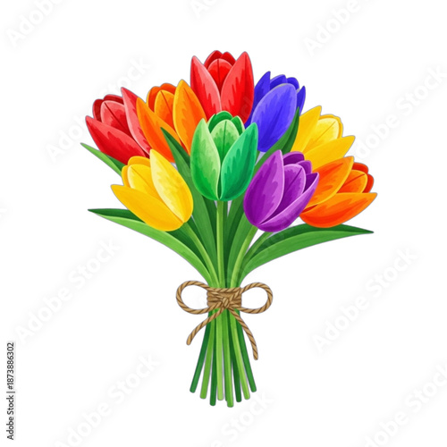 Vibrant Rainbow Tulip Bouquet Tied with Twine.