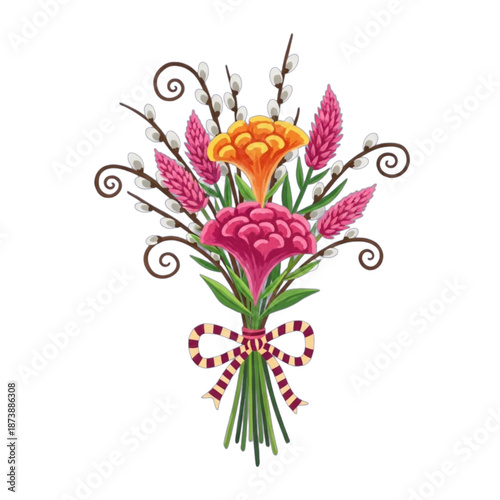 Vibrant Floral Bouquet with Pussy Willow and Celosia.